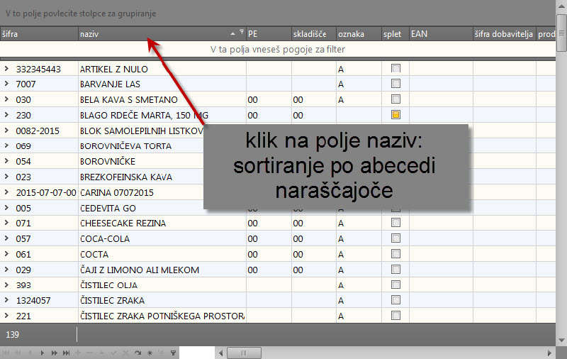 sifrant artiklov sortiranje